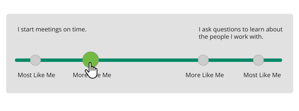 Simplified display of an assessment question where the user can select from four options on a horizontal line to indicate which is most like them.